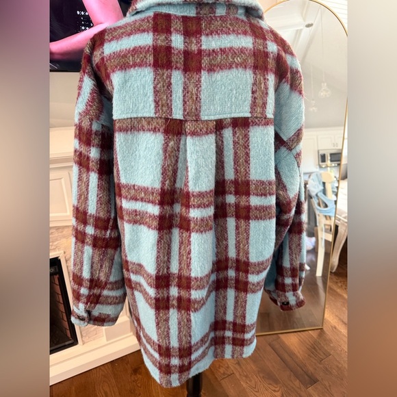 LA MIEL Oversized Checkered Jacket in Light Blue and Burgundy/Brown - Picture 8 of 8